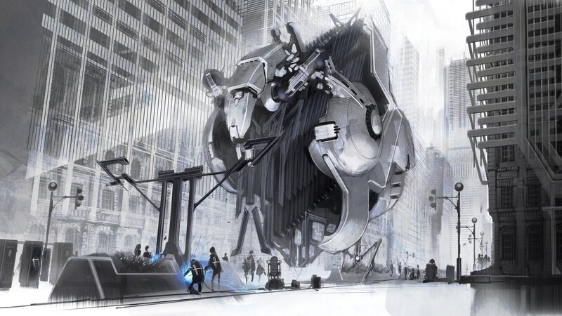 Giant robot in futuristic city