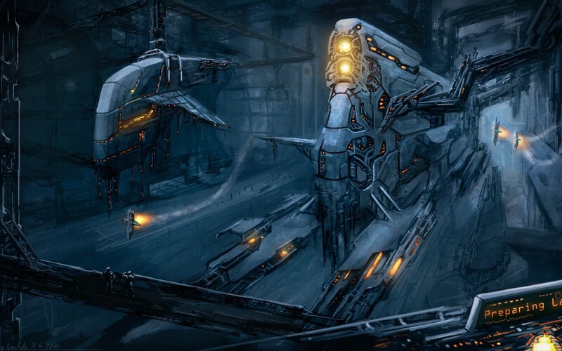 Giant Robot in Hangar — Blue, Dark