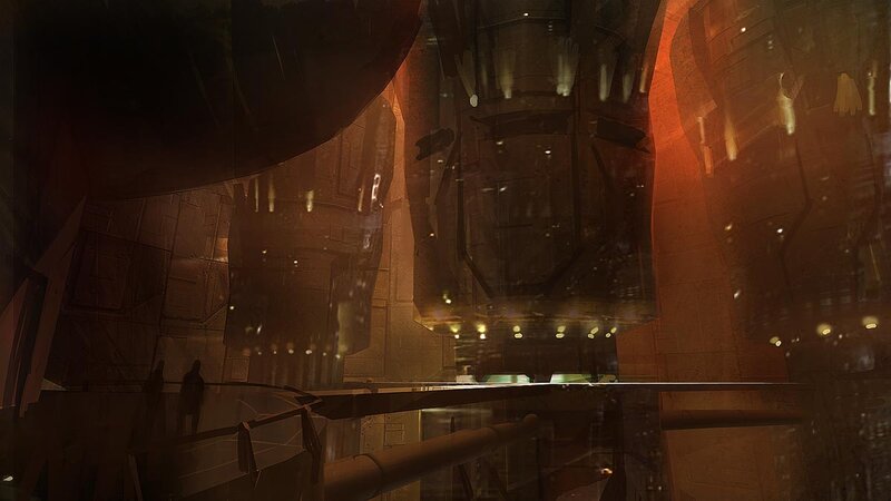 Giant Robot in Hangar — Brown, Dramatic, Night