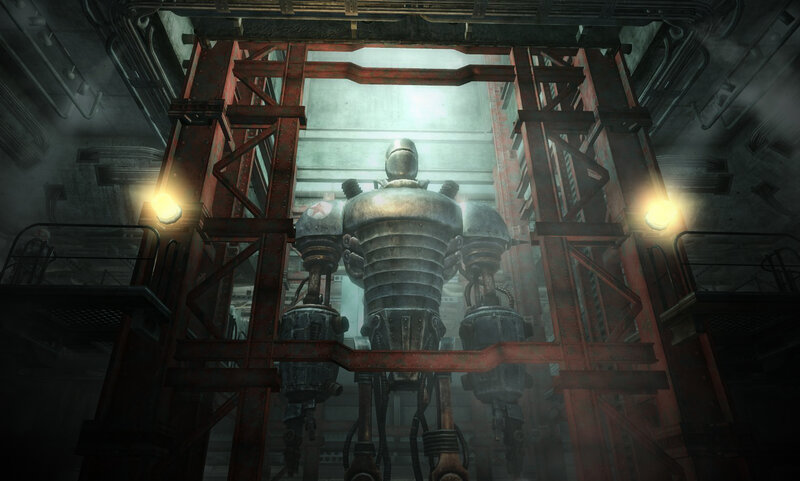 giant robot in industrial chamber