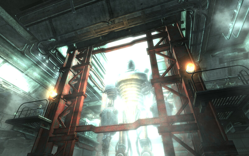 giant robot in industrial chamber