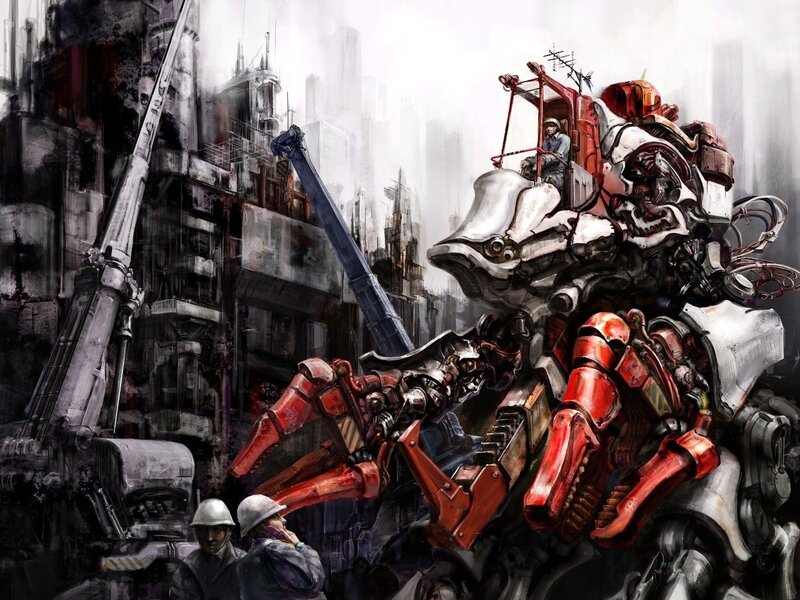 Giant robot in industrial city