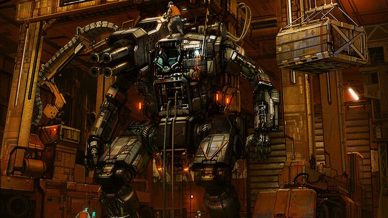Giant robot in industrial hangar