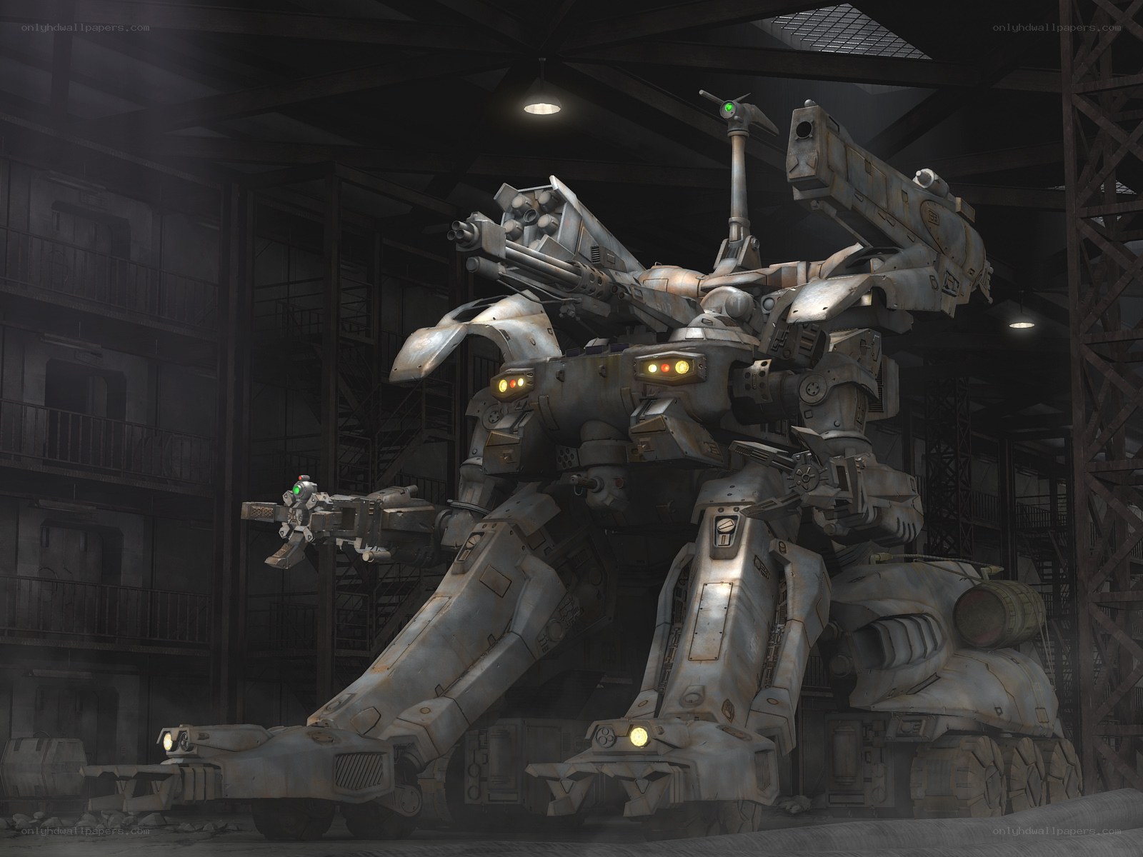 Giant robot in industrial hangar