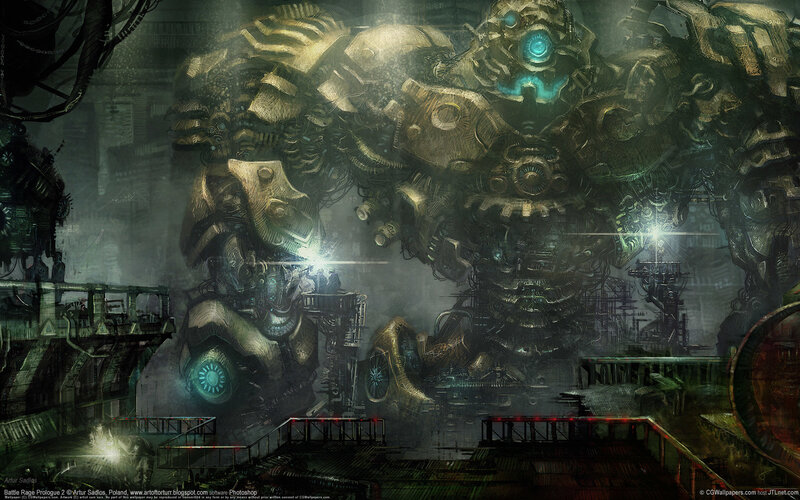 Giant robot in industrial setting