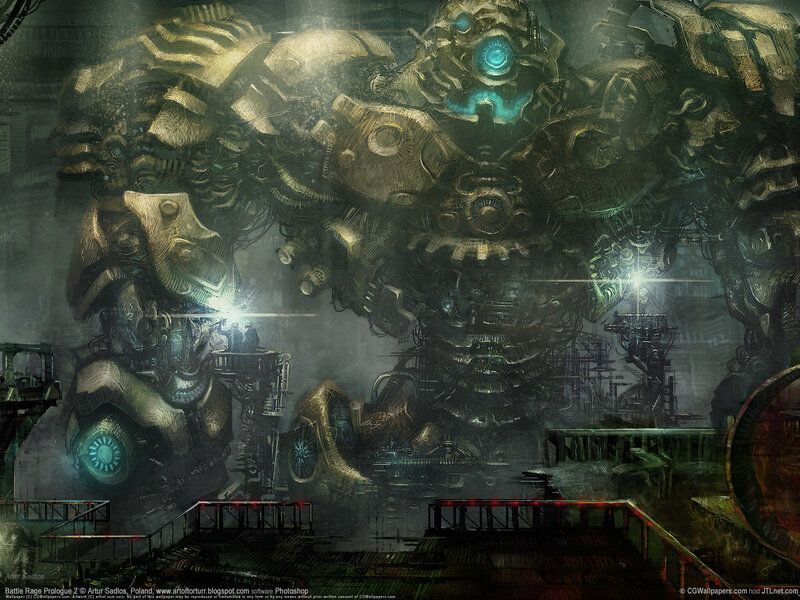 Giant robot in industrial setting