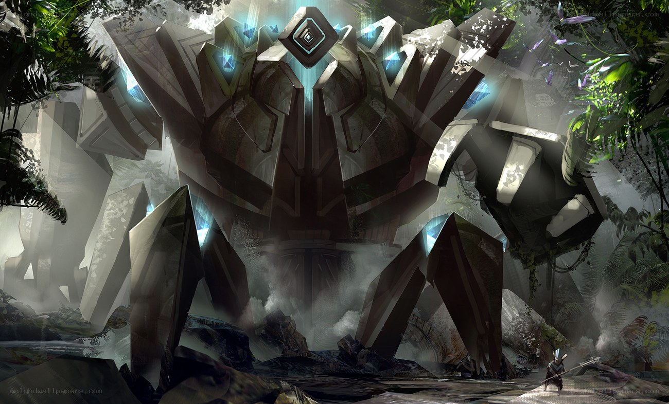 giant robot in jungle ruins