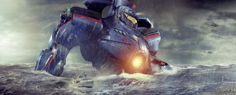 Giant Robot in Ocean — Blue, Dramatic, Digital Art, Helicopter, Ship
