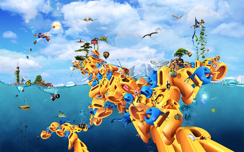 Giant Robot in Ocean — Blue, Fantastical