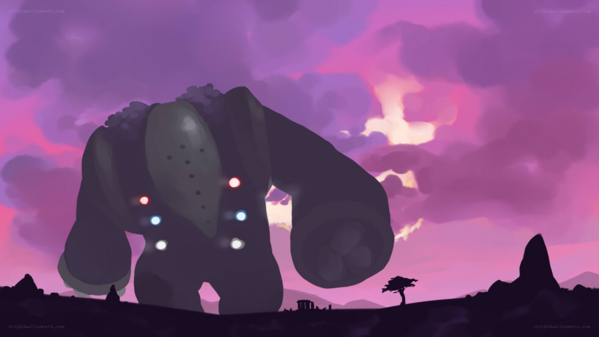 giant robot in purple sky