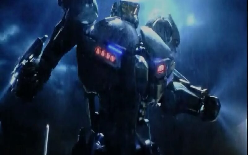Giant Robot in Rain — Blue, Dark, Dramatic