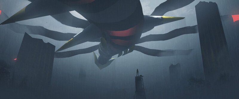 Giant Robot in Rain — Gray, Dramatic