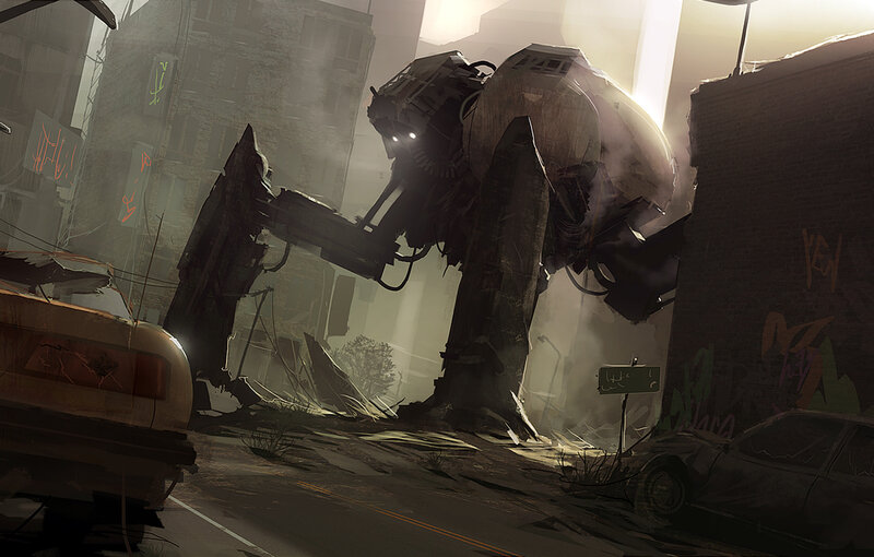 giant robot in ruined city
