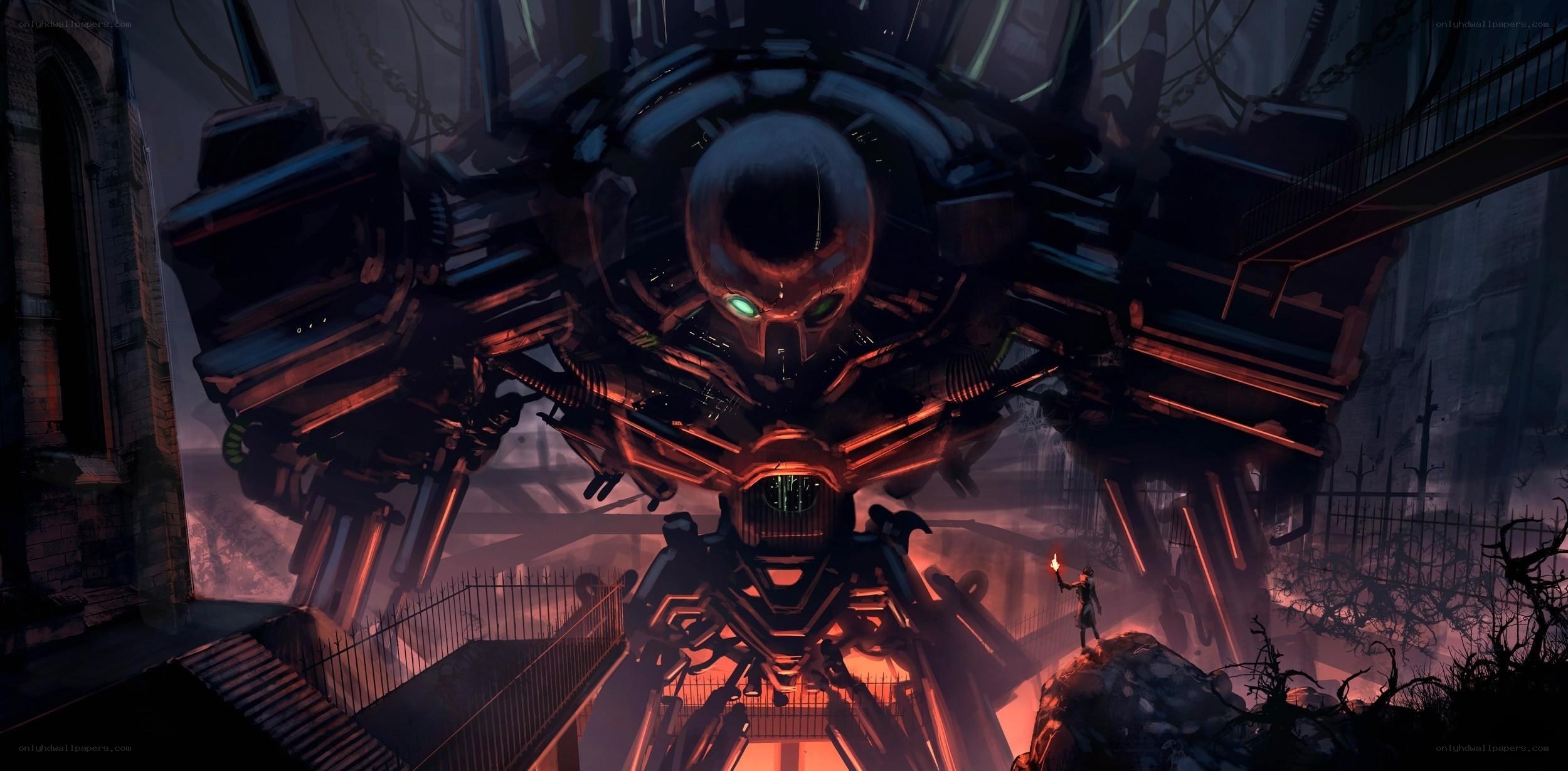 giant robot in ruined city