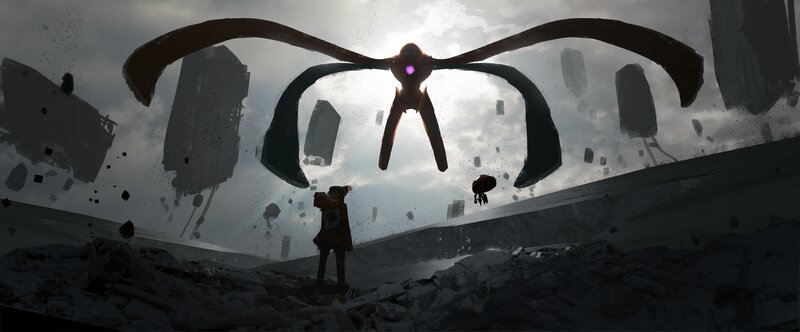 Giant Robot in Ruins — Gray, Dramatic, Digital Art, Debris