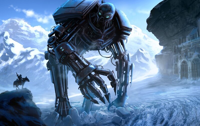 Giant Robot in Snow — Blue, Dramatic, Winter, Digital Art, Mountains, Horse Rider