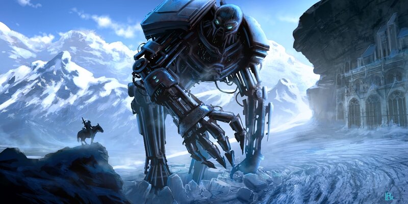 Giant Robot in Snow — Blue, Dramatic, Winter, Digital Art, Mountains, Soldier on Horse
