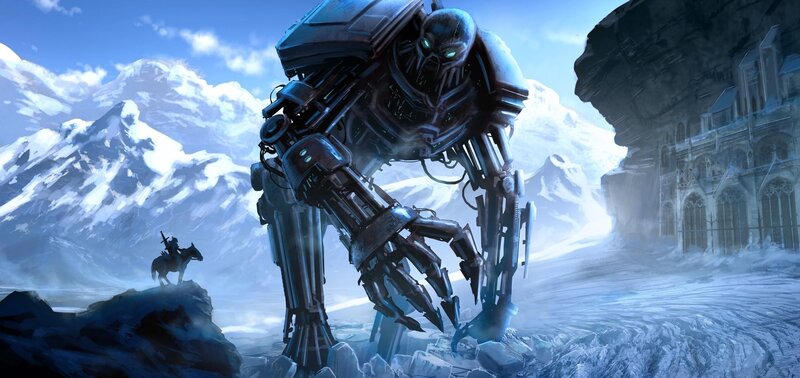 Giant Robot in Snow — Blue, Dramatic, Winter, Digital Art, Mountains