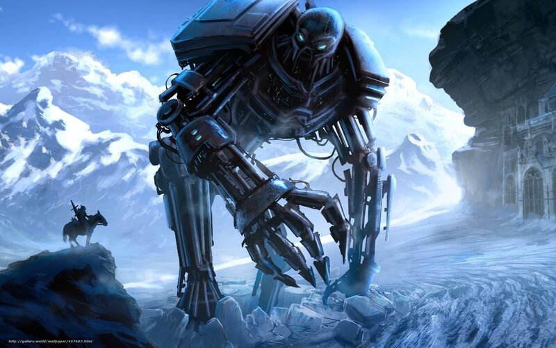 Giant Robot in Snow — Blue, Dramatic, Winter, Digital Art, Snowy Mountains