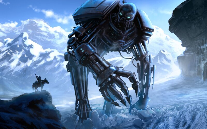 Giant Robot in Snow — Blue, Dramatic, Winter, Digital Art