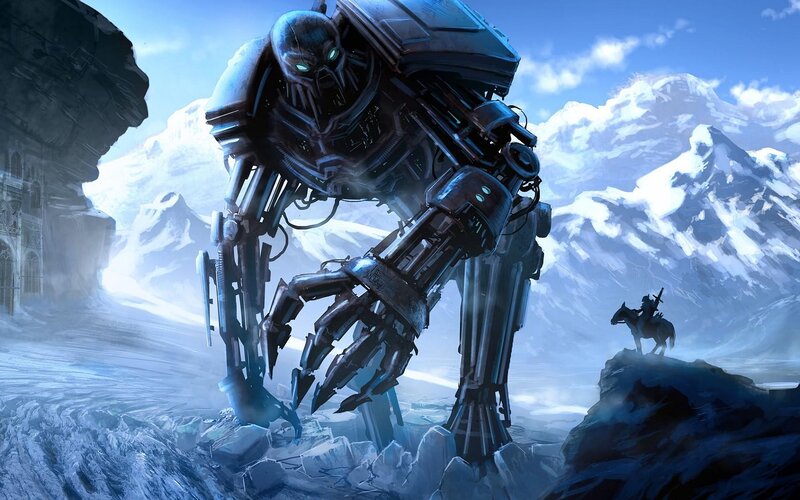Giant Robot in Snow — Blue, Dramatic, Winter