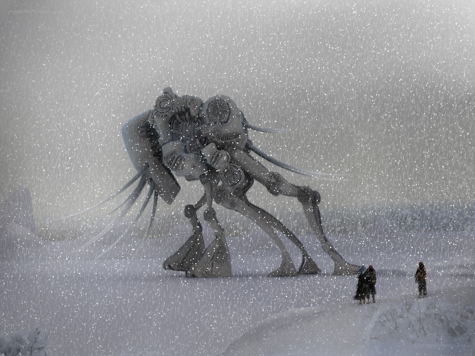 Giant robot in snowstorm