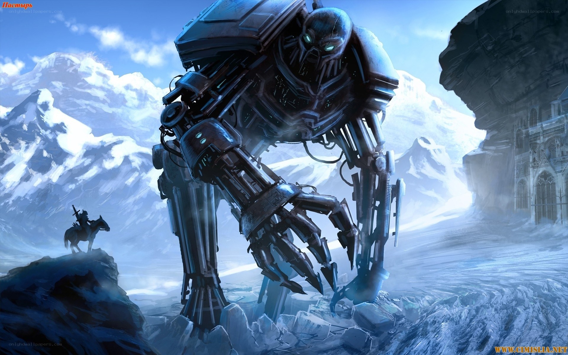 Giant robot in snowy landscape