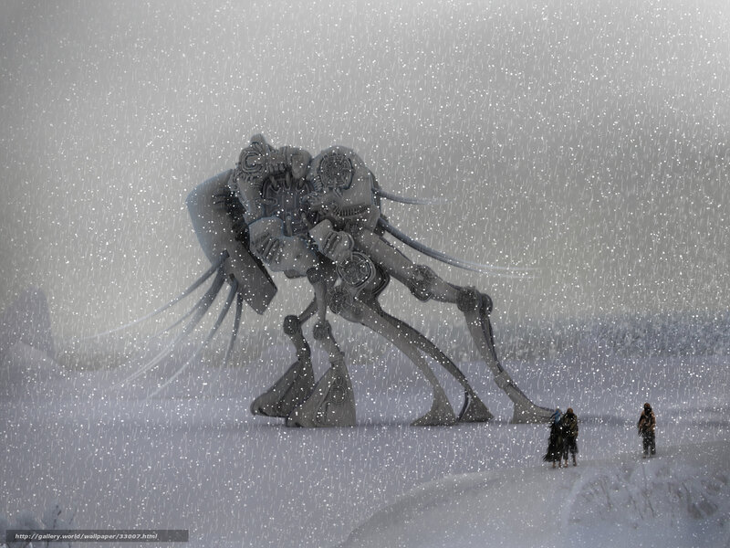 Giant robot in snowy landscape