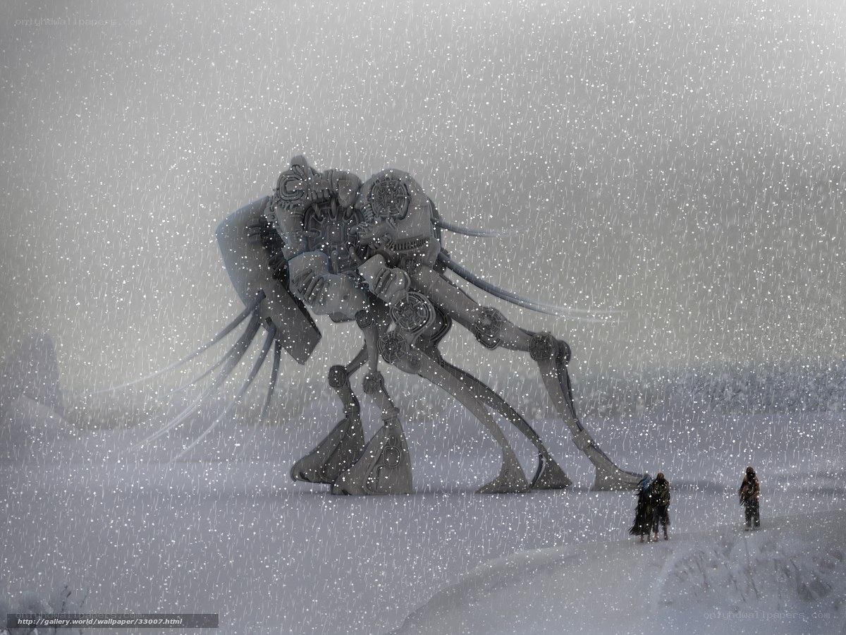 Giant robot in snowy landscape