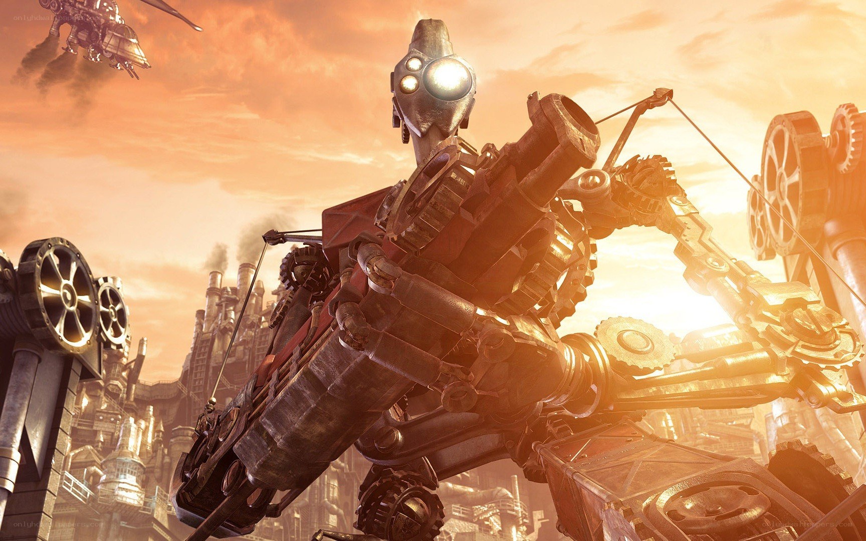giant robot in steampunk city