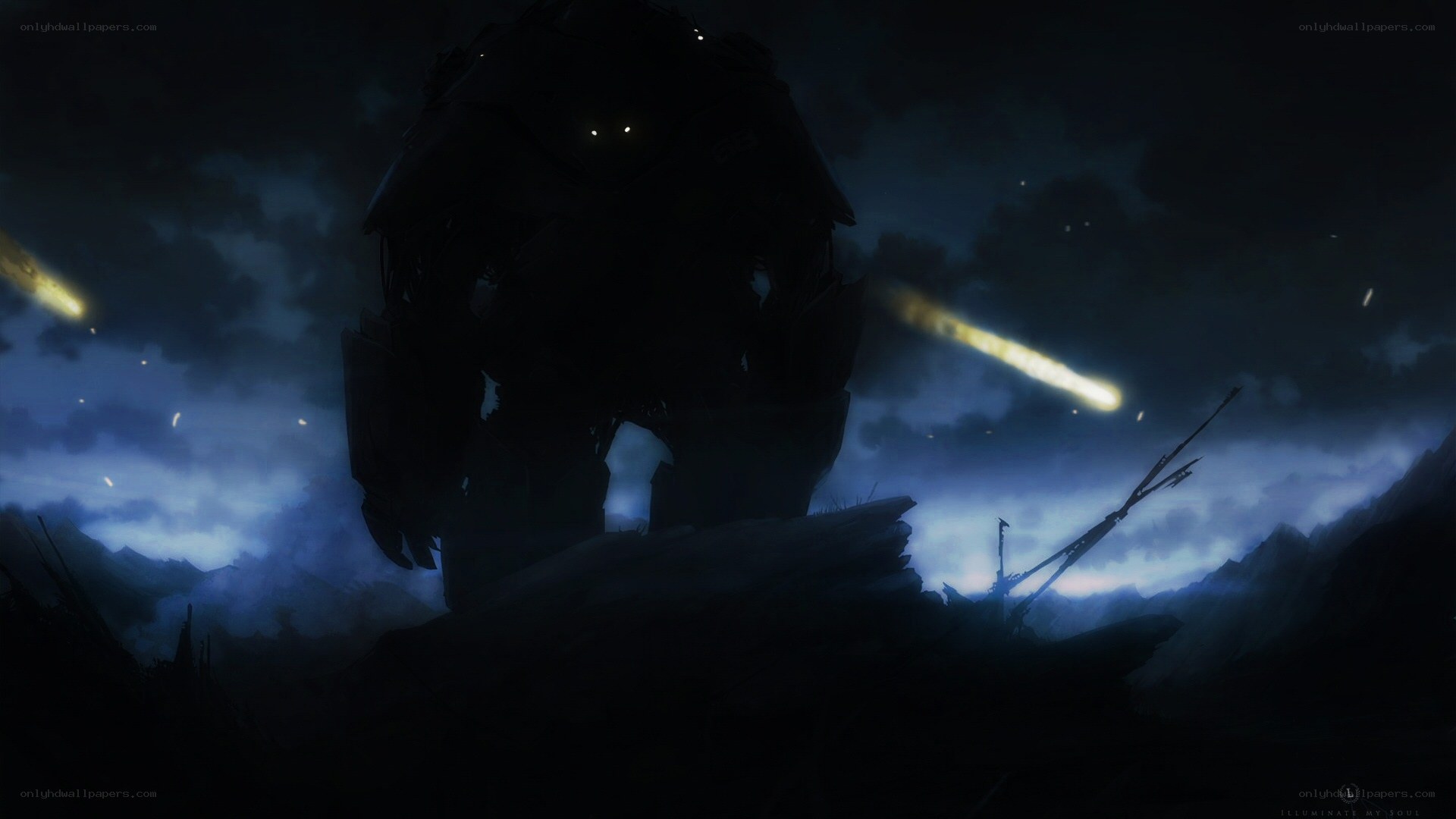 giant robot in stormy night