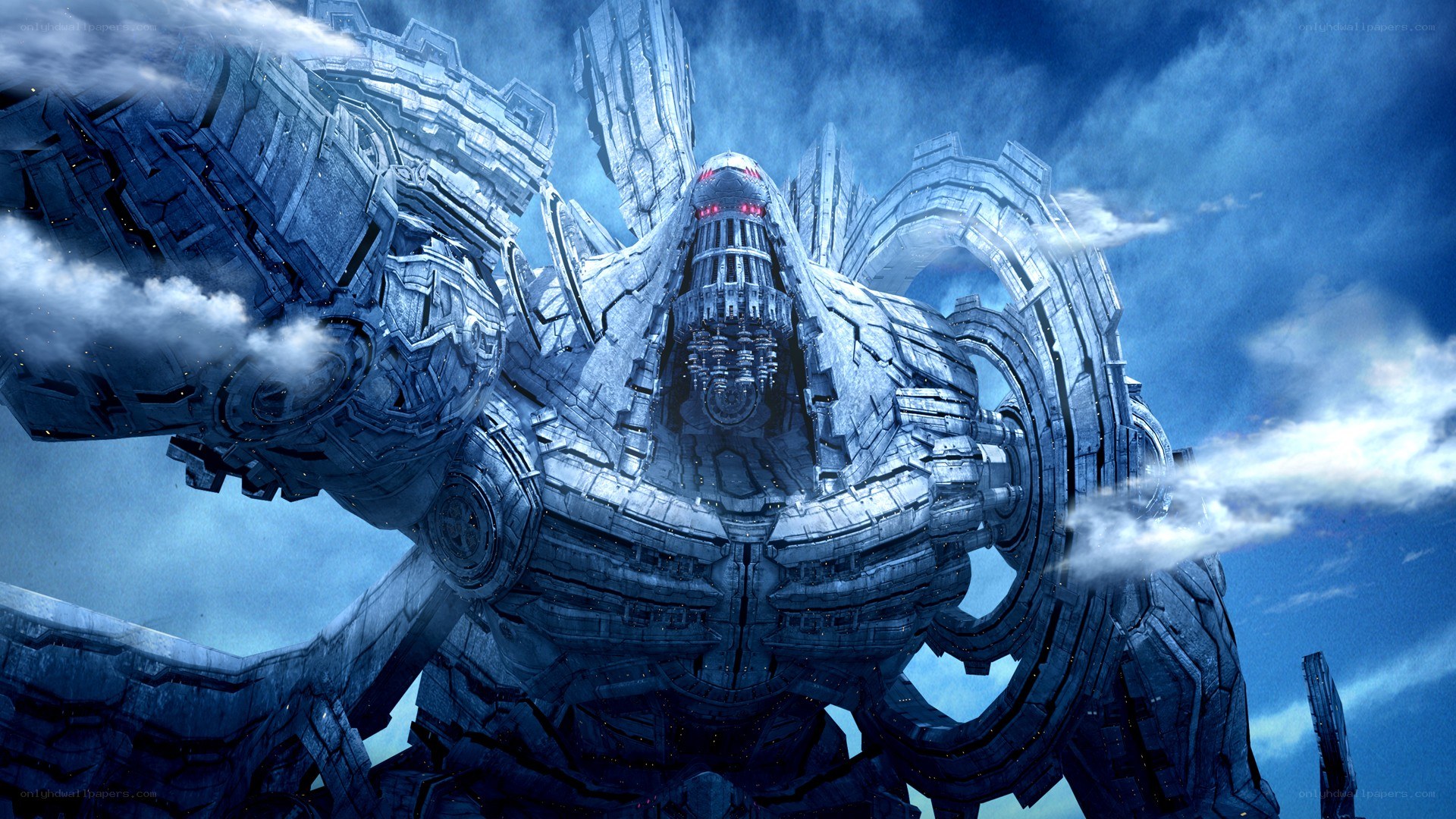 giant robot in stormy sky