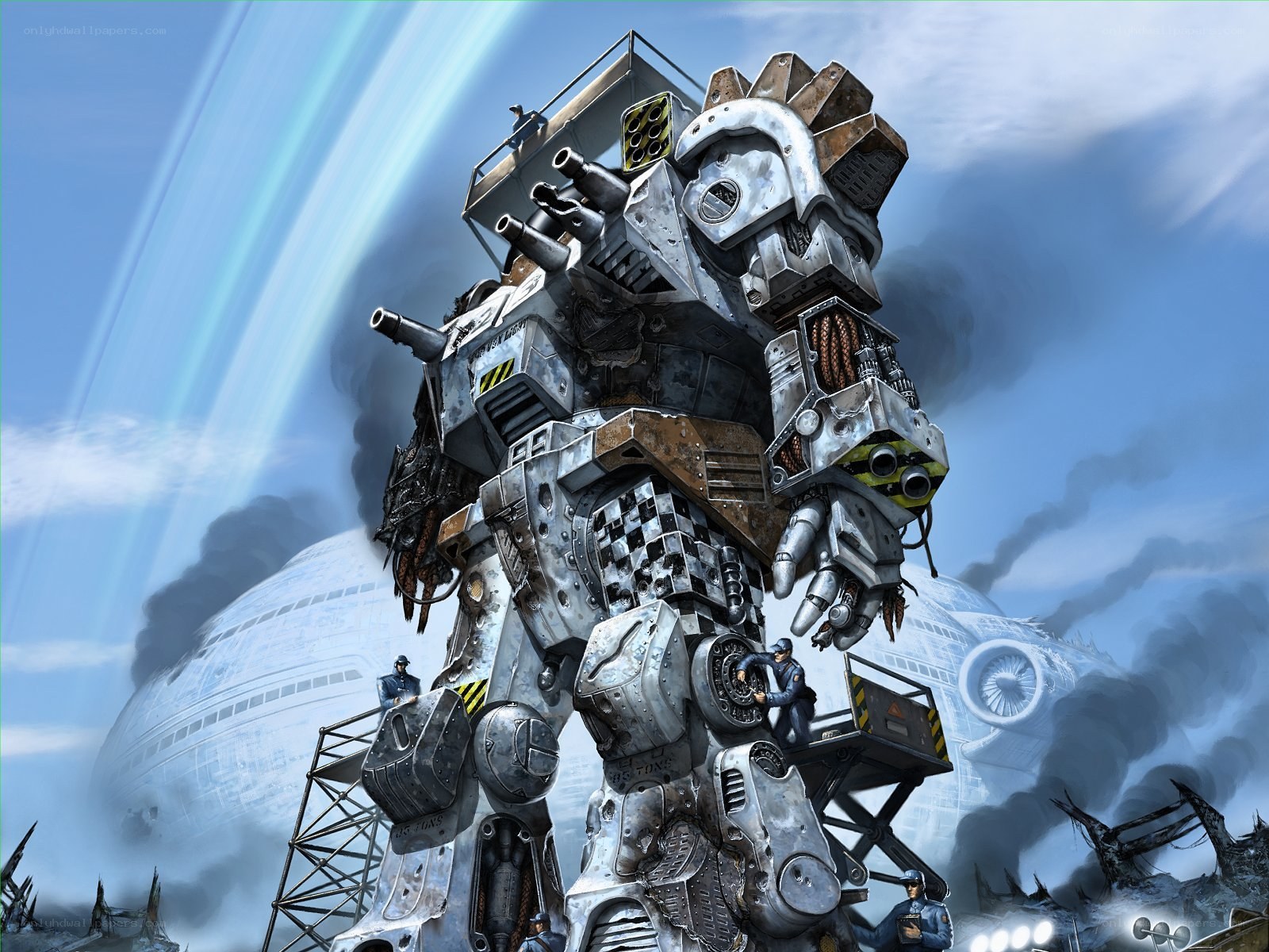 Giant robot in war zone