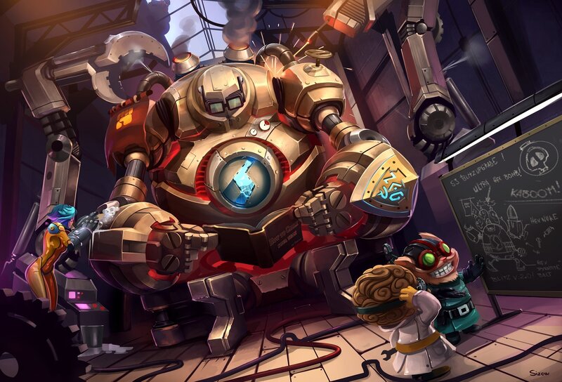 Giant Robot in Workshop — Gold, Dramatic, Digital Art