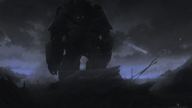 giant robot on a desolate planet