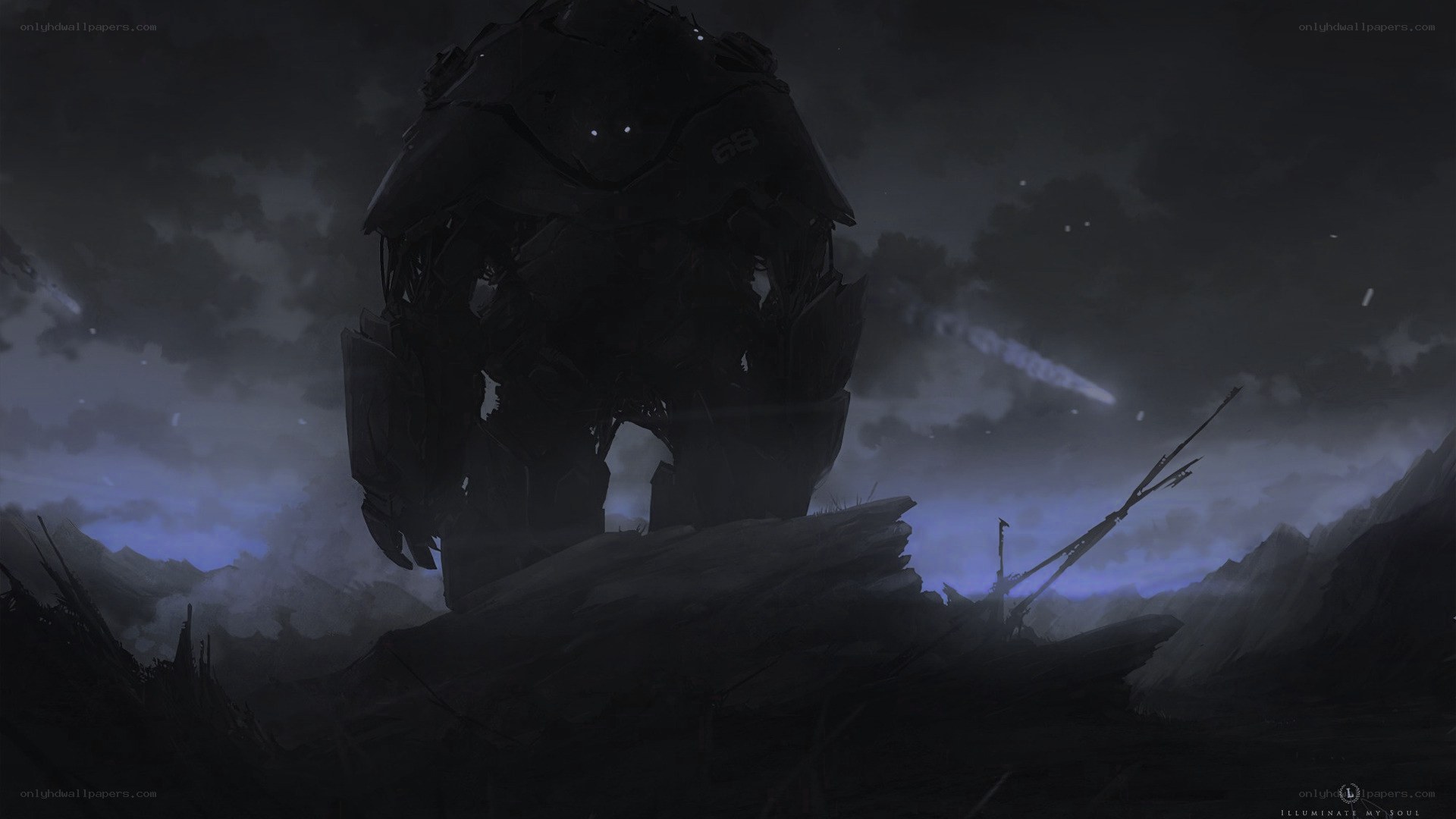 giant robot on a desolate planet