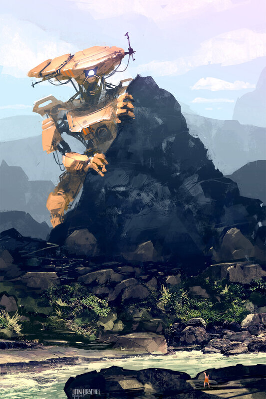 Giant Robot on Cliff — Orange