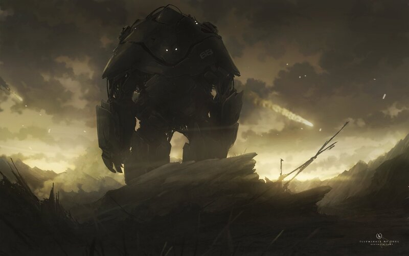 Giant Robot on Mountain — Gray, Dramatic, Sunset