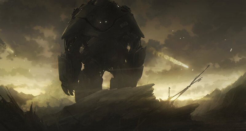 Giant Robot on Mountain — Gray, Dramatic