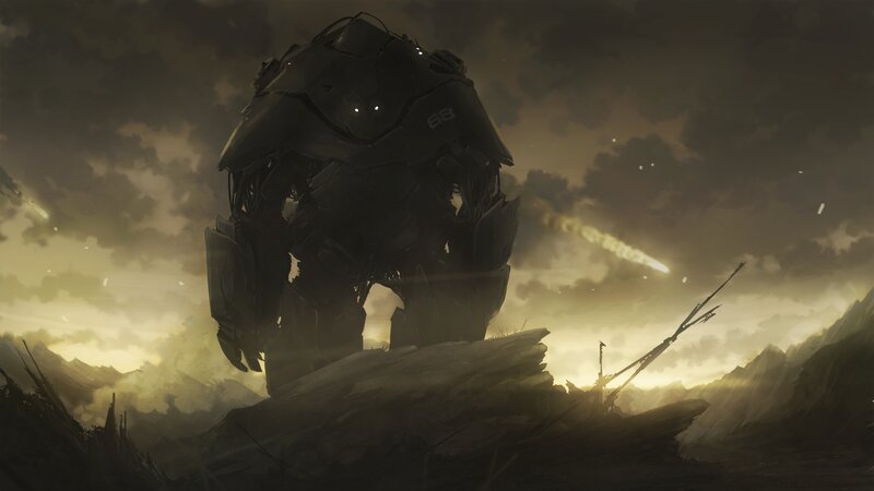 Giant Robot on Mountain — Gray