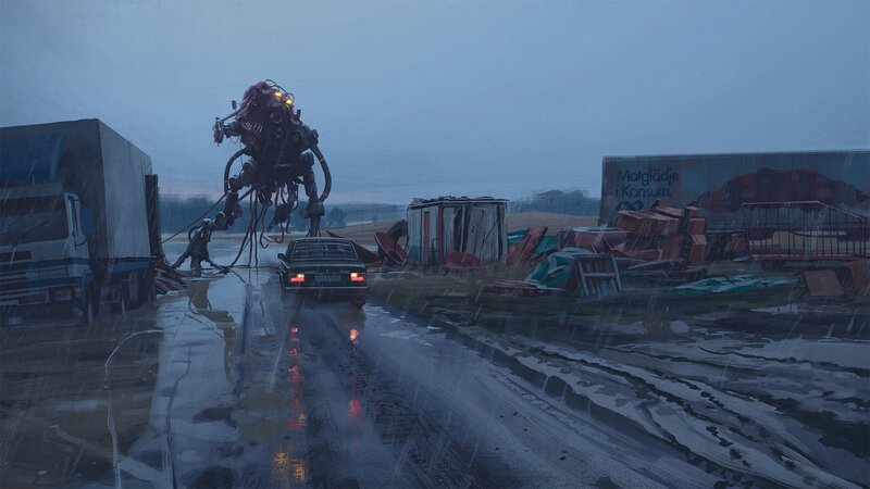 Giant Robot on Road — Gray, Dramatic, Night