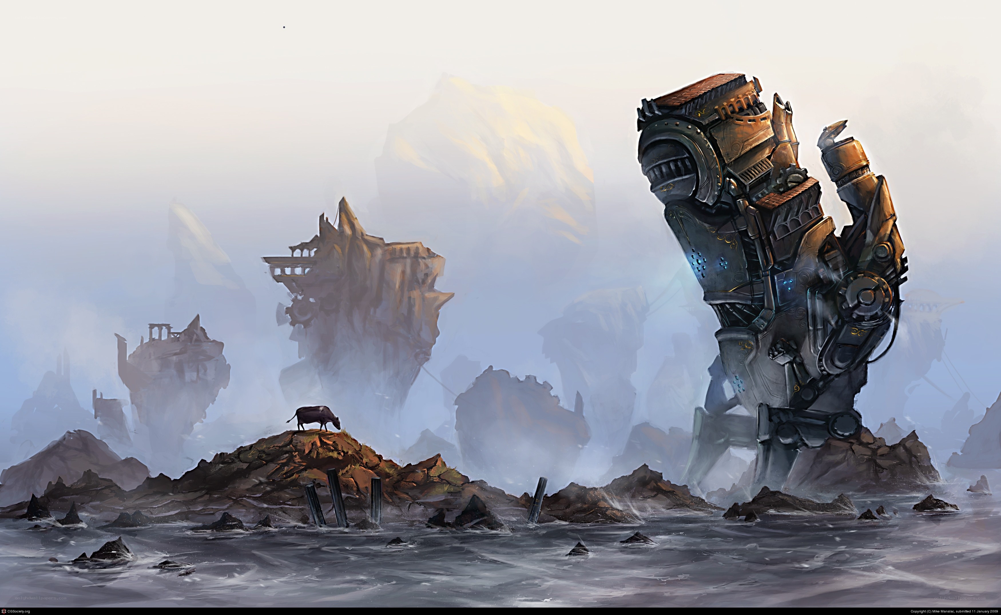 giant robot on rocky shore