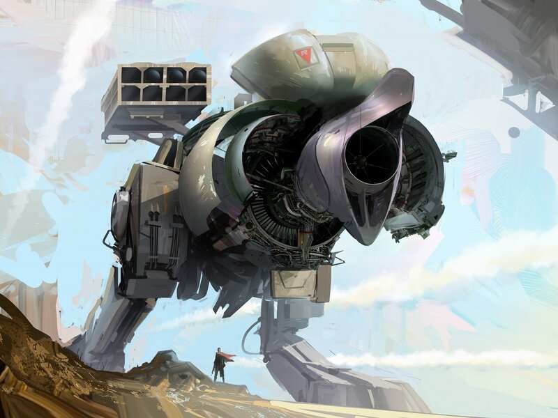 Giant Robot on Rocky Terrain — Gray