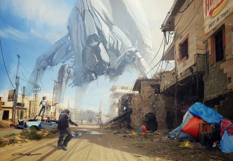 Giant Robot over City — Blue