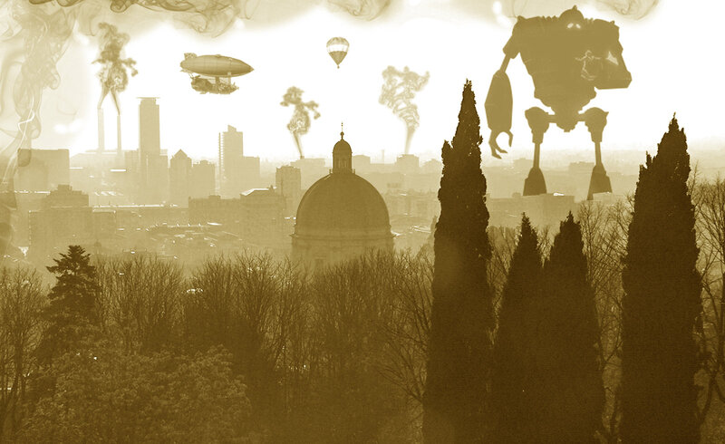 Giant Robot over City — Sepia