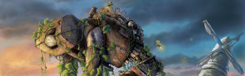 giant robot overgrown with vines