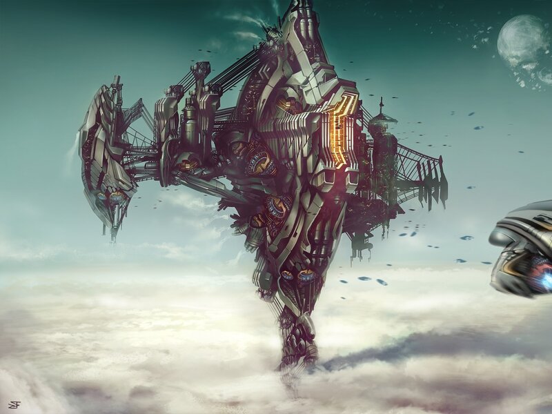 Giant Robot Walking Through Clouds