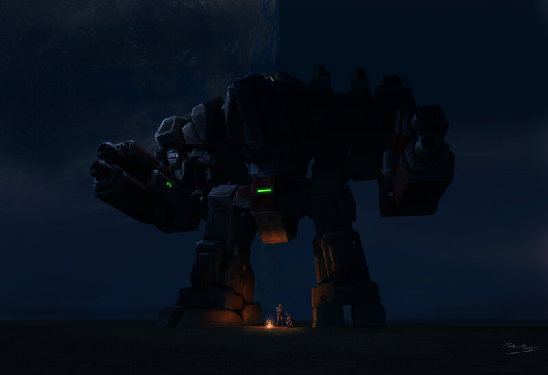Giant robot with campfire