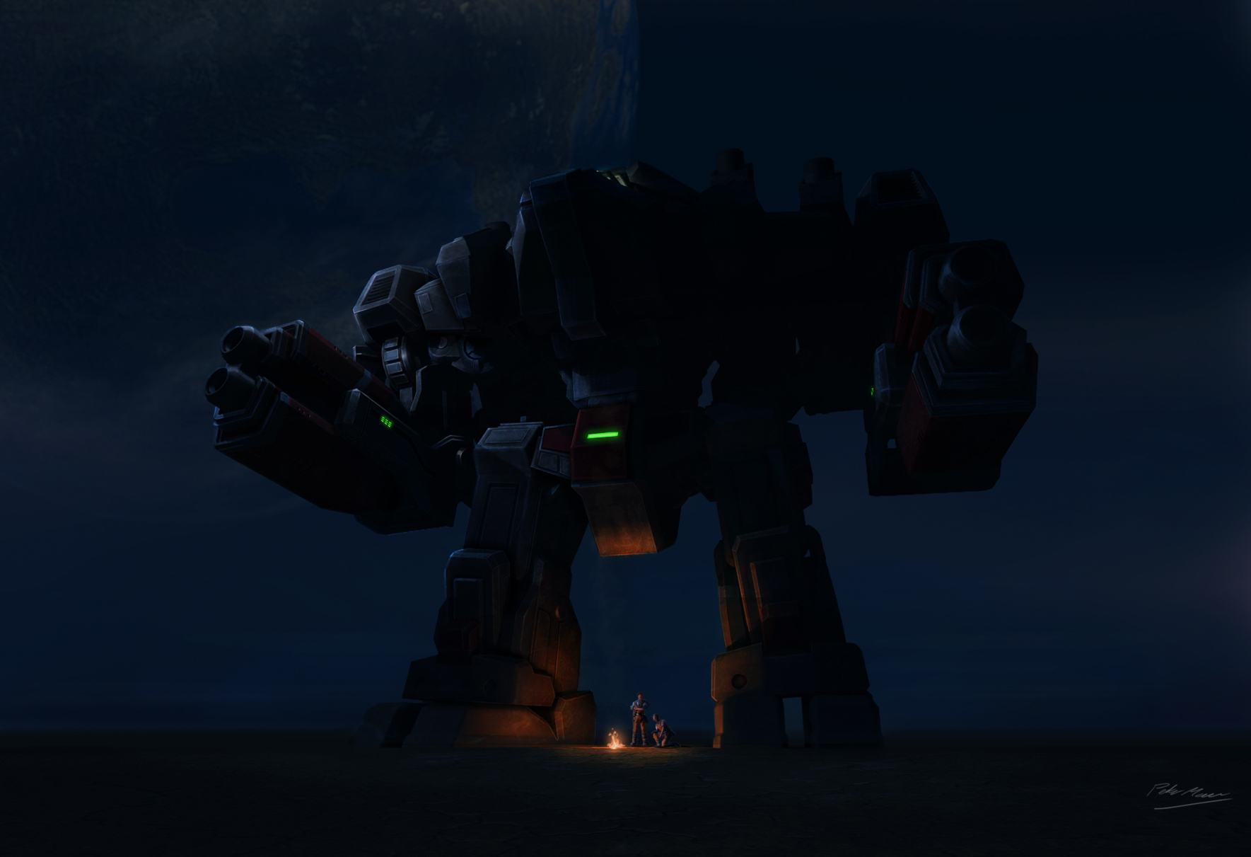 Giant robot with campfire