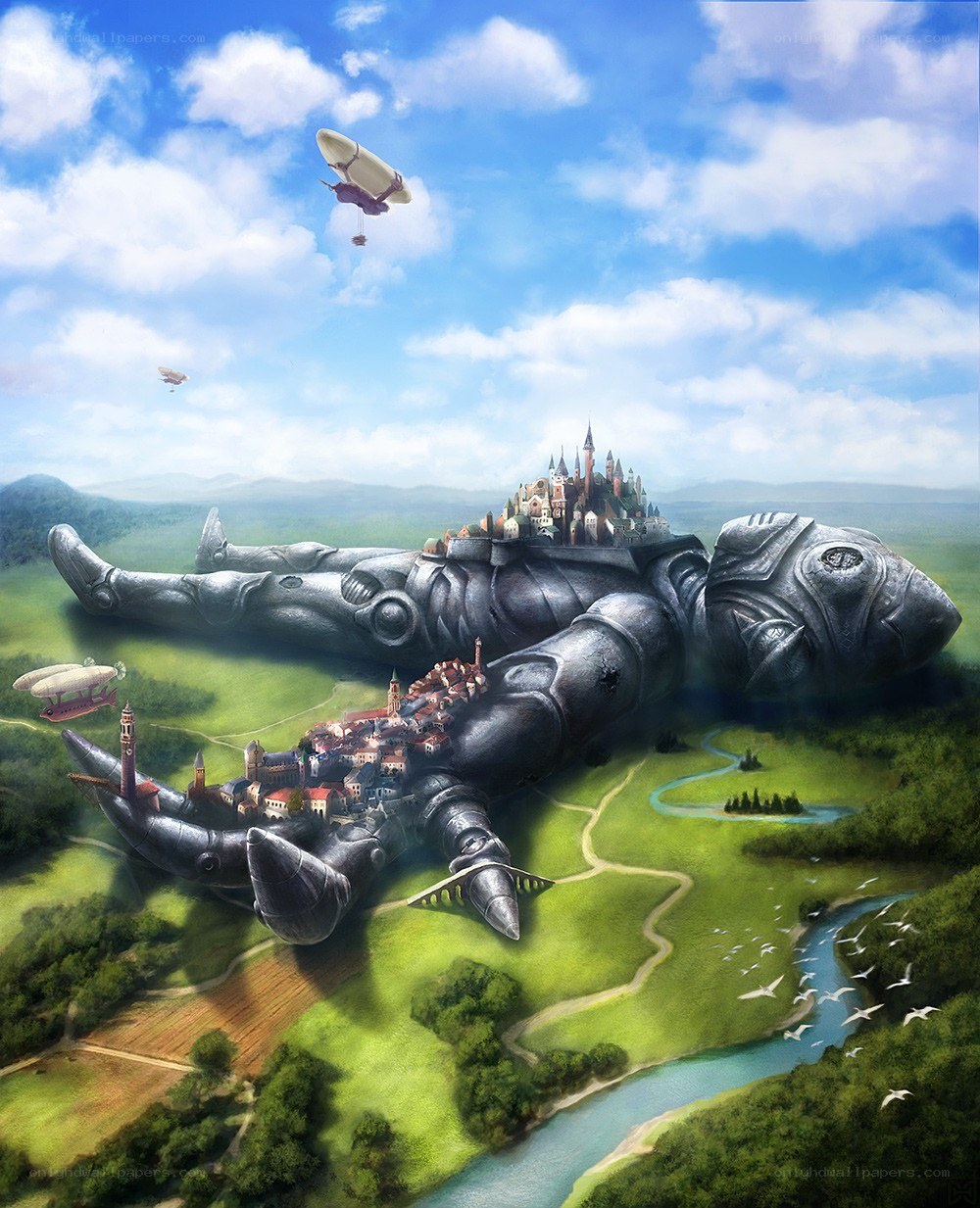 giant robot with cities on it